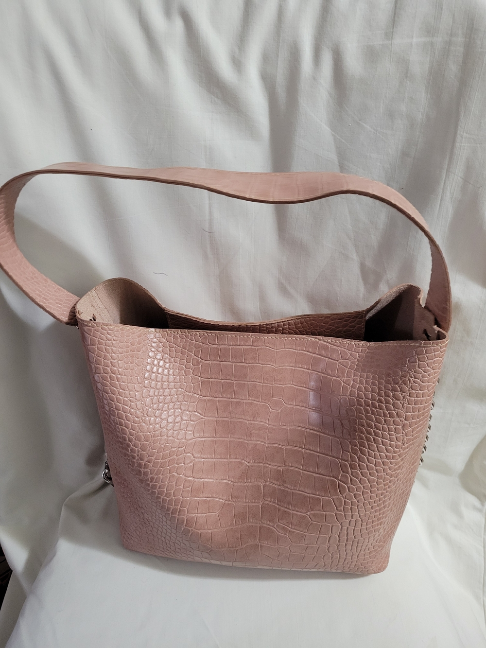 Poccilini Italian Croc-Embossed Shoulder Bag in Blush Pink With Chain Accent